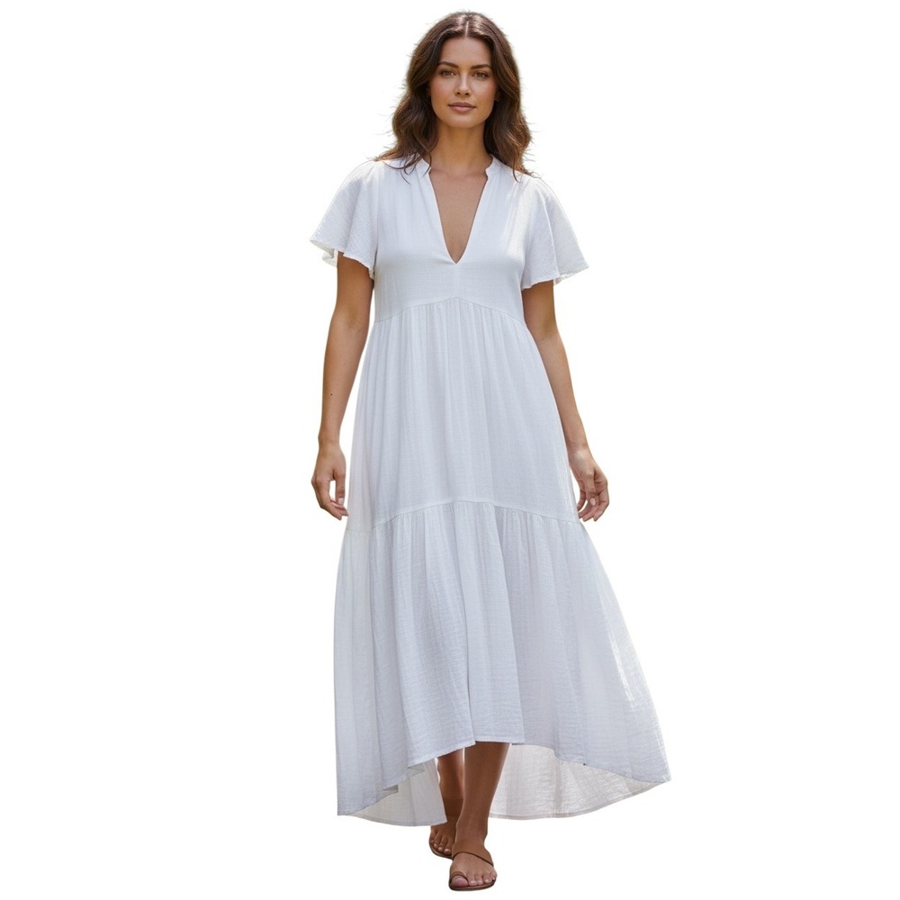 Anthropologie White Gauze Tiered Maxi Dress V-Neck Flutter Sleeve Medium